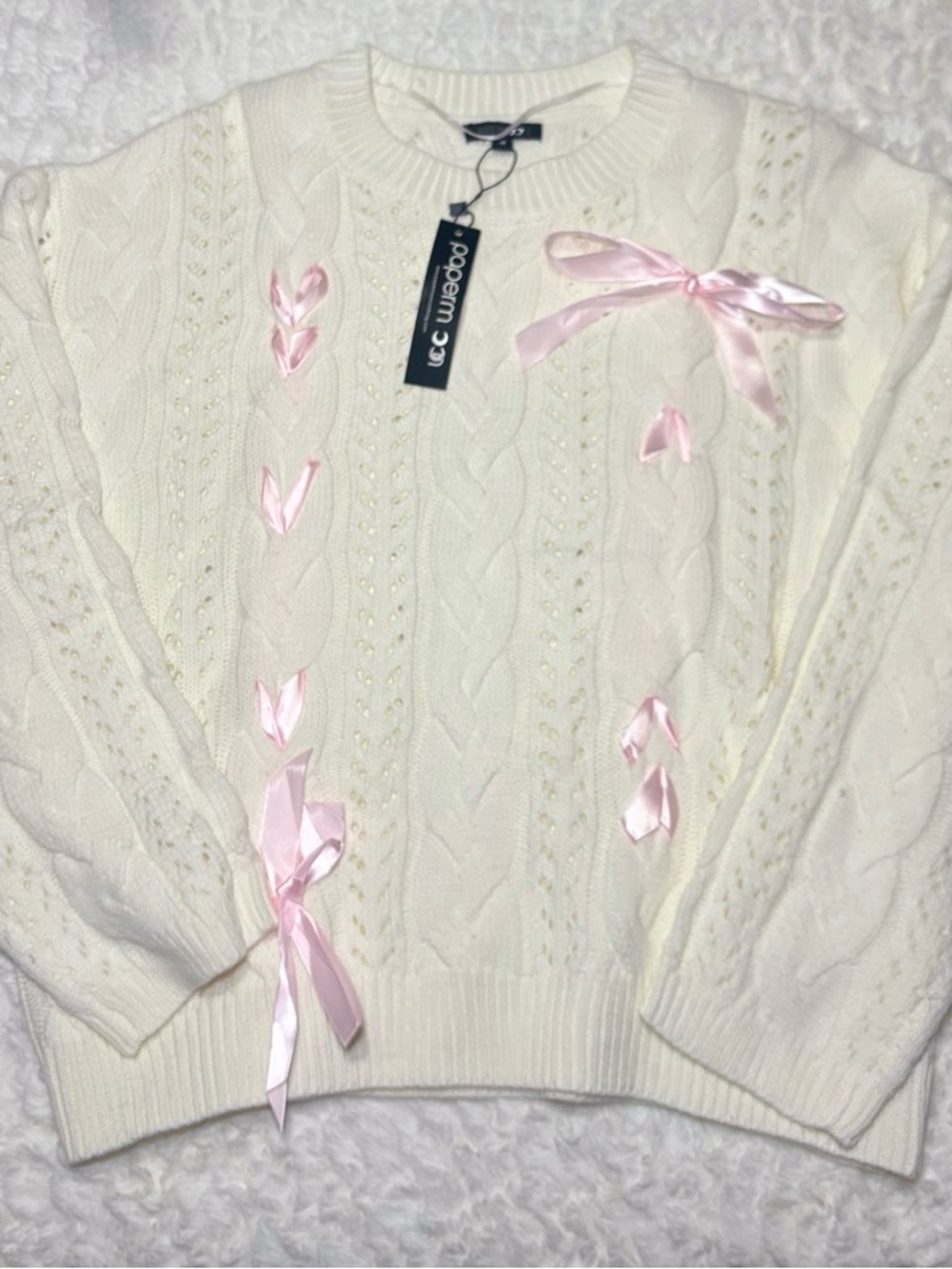 Cream Cable Knit Sweater with Pink Ribbon Accents| NWT